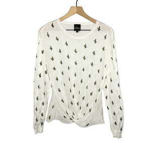 Alcee Linen Blend Cactus Print Twist Hem Lightweight Sweater in White/Green L